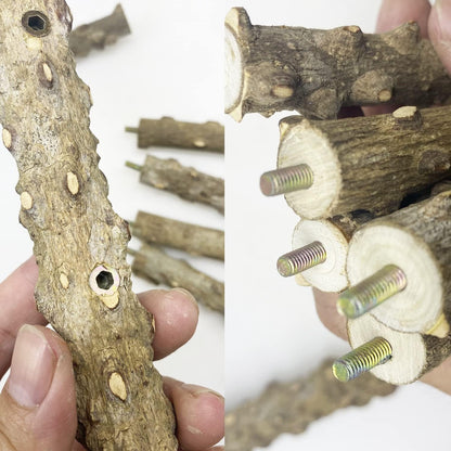Allazone 3 PCS Nature Wood Bird Ladder Perch Nature Wood Stand Parrot Chew Toy Cage Hanging Pet