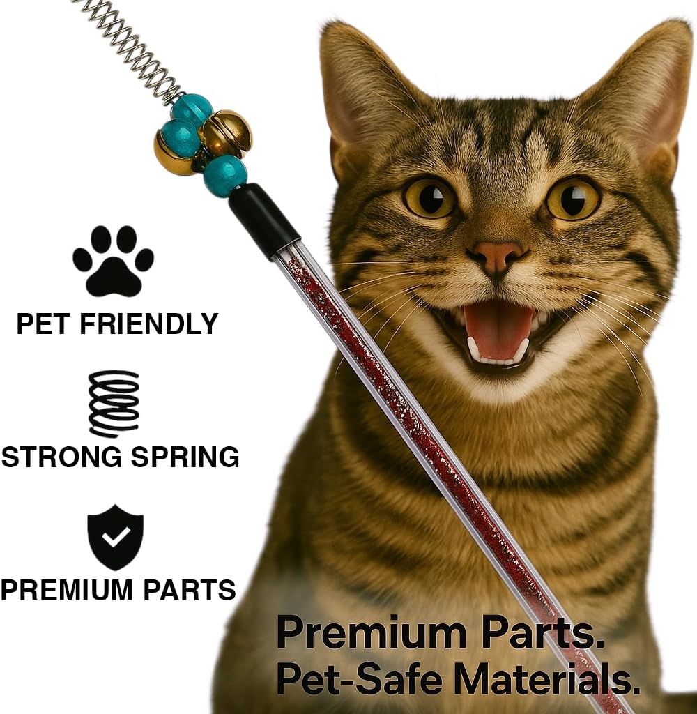 Cat Wand Toy Feather Sticks - 5 Piece Interactive Wands Toy Set with Feathers, Durable Spring