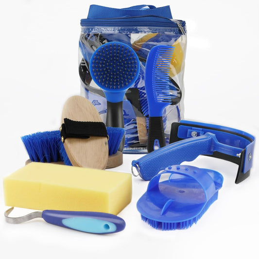9 Pieces Grooming Kit with Tote Bag - Horse Brush Set, Sweat Scraper, Sponge, Hoof Pick, Curry Comb