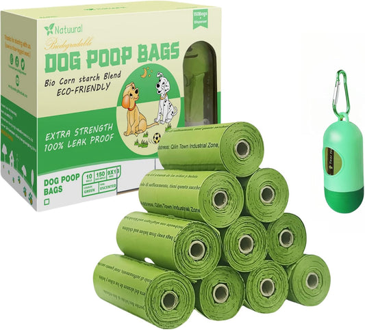 Dog Poop Bags-150 Counts with Holder (10 Rolls), Biodegradable Poop Bags, Eco-friendly and Easy to