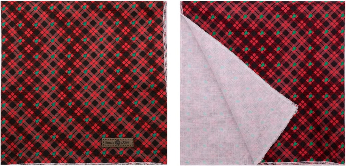Lionet Paws Reversible Washable Cotton Dog Bandana - Red & Tree Patterns, Adjustable Square