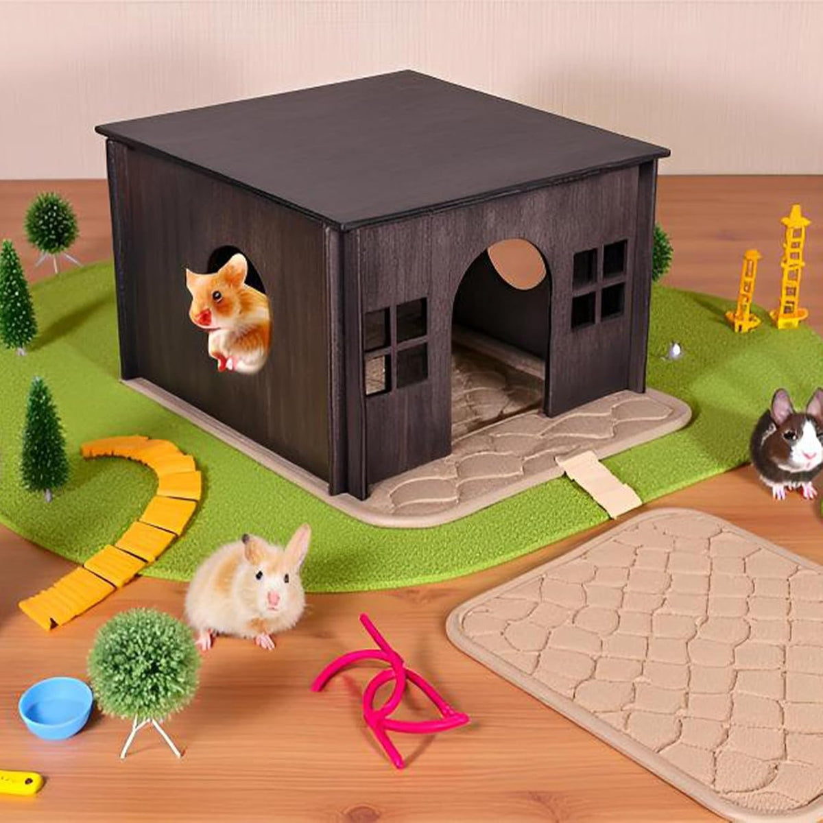 Wooden Guinea Pig House with Windows,Hamster Hideout, Large Size Suitable for Two Guinea Pig