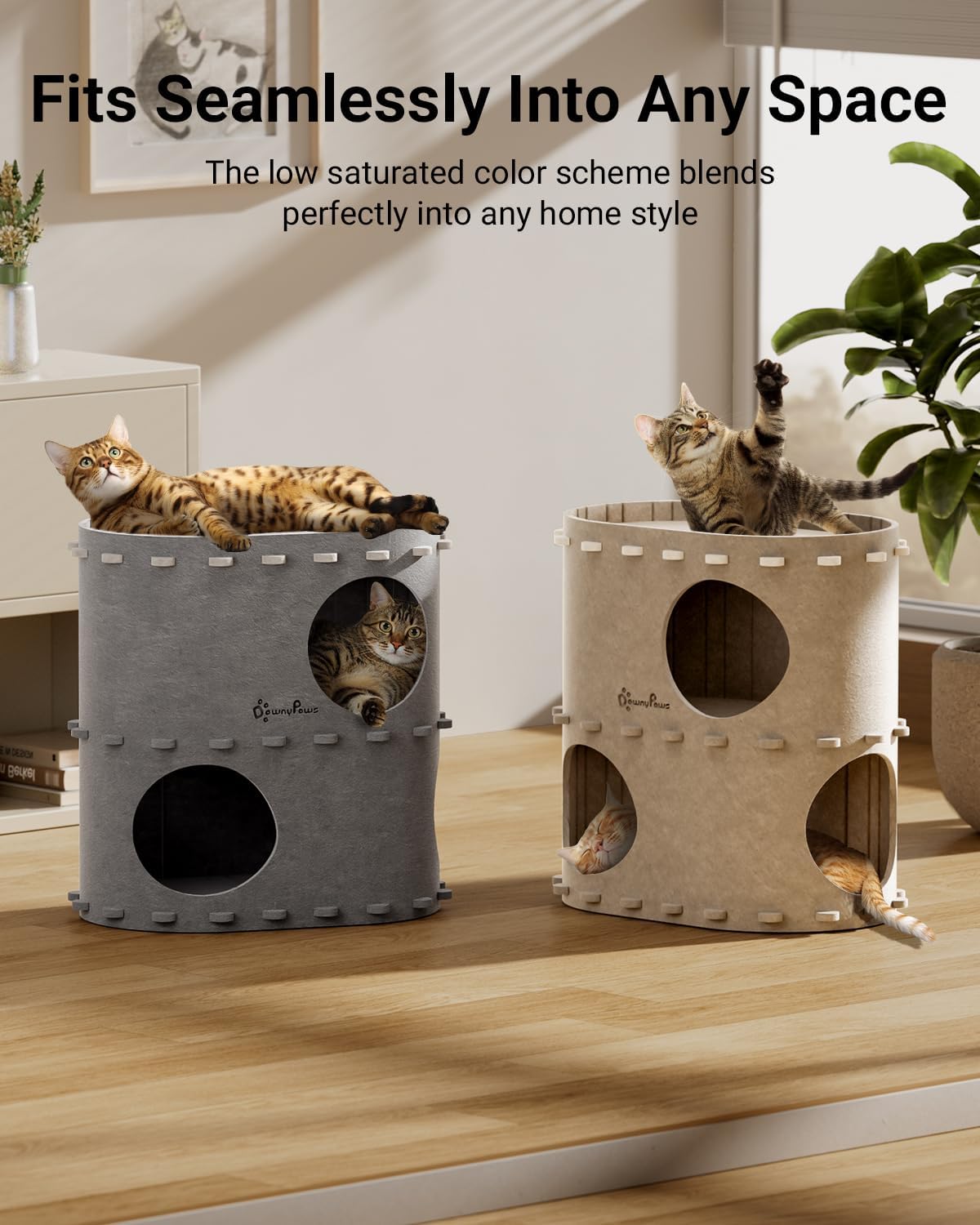 DownyPaws Cat House for Indoor Cats, 2-Storey Foldable Cat Bed Cave, Felt Cats Tunnel Bed Condo