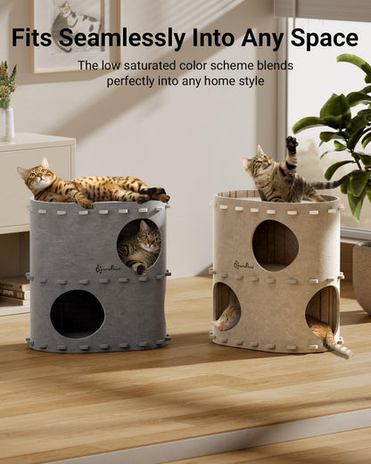 DownyPaws Cat House for Indoor Cats, 2-Storey Foldable Cat Bed Cave, Felt Cats Tunnel Bed Condo