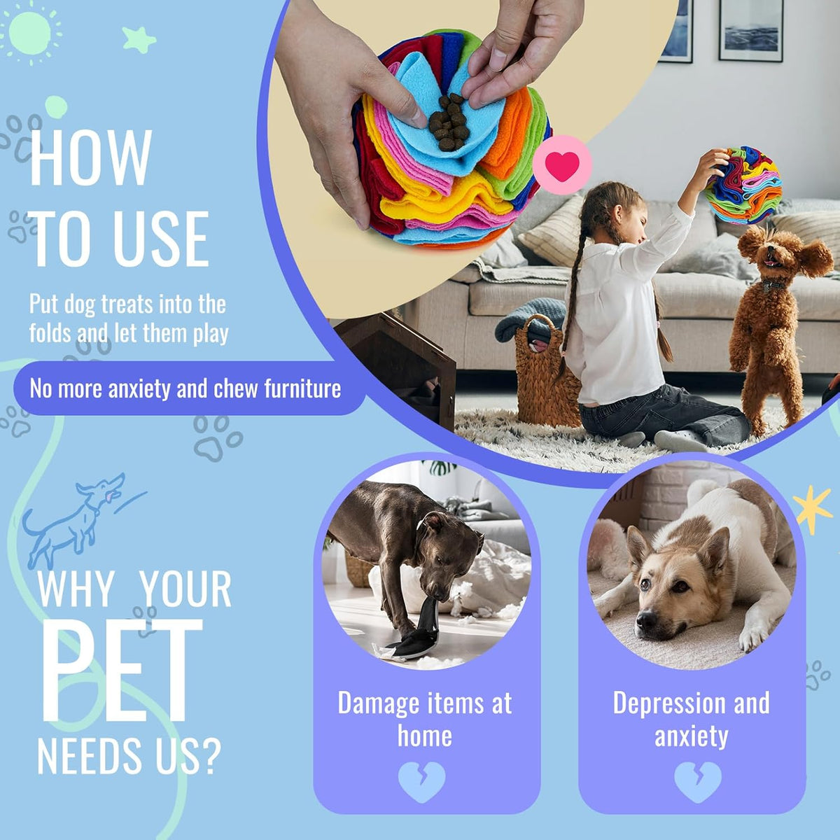 Pet Snuffle Ball, Puzzle Sniffing Interactive Dog Ball for Blind Dogs Training Stress Relief Dog
