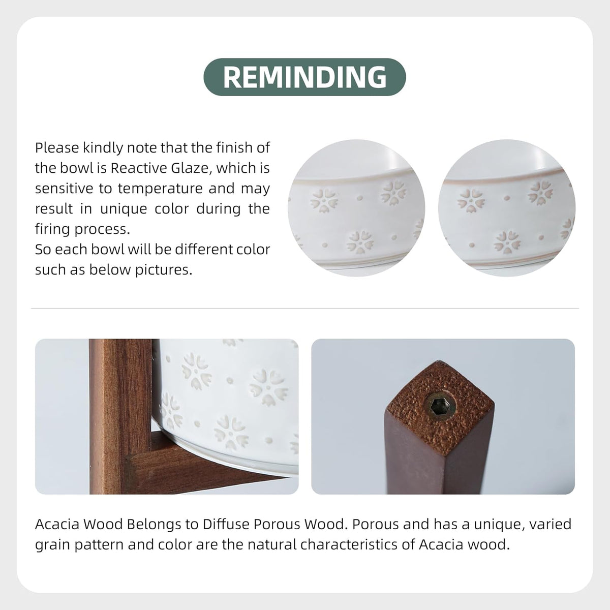 6.1inch Ceramic Raised Double Bowls Set with Acacia Wood Stand, 2 Heights Elevated, Food & Water