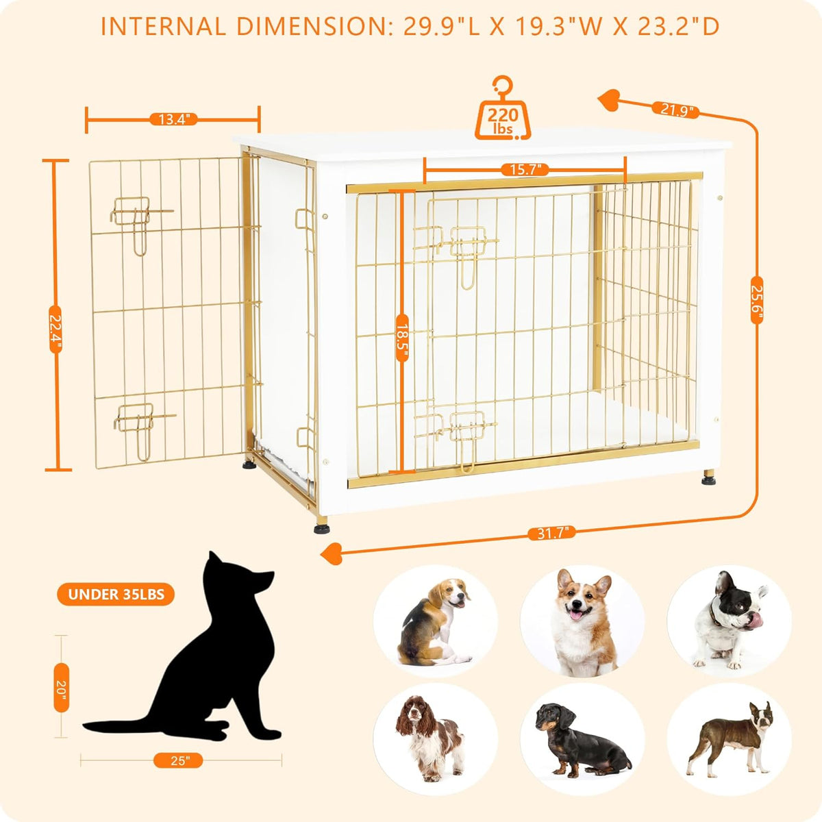 DWANTON Dog Crate Furniture with Cushion, Wooden Kennel Table with Double Doors, Indoor Dog House