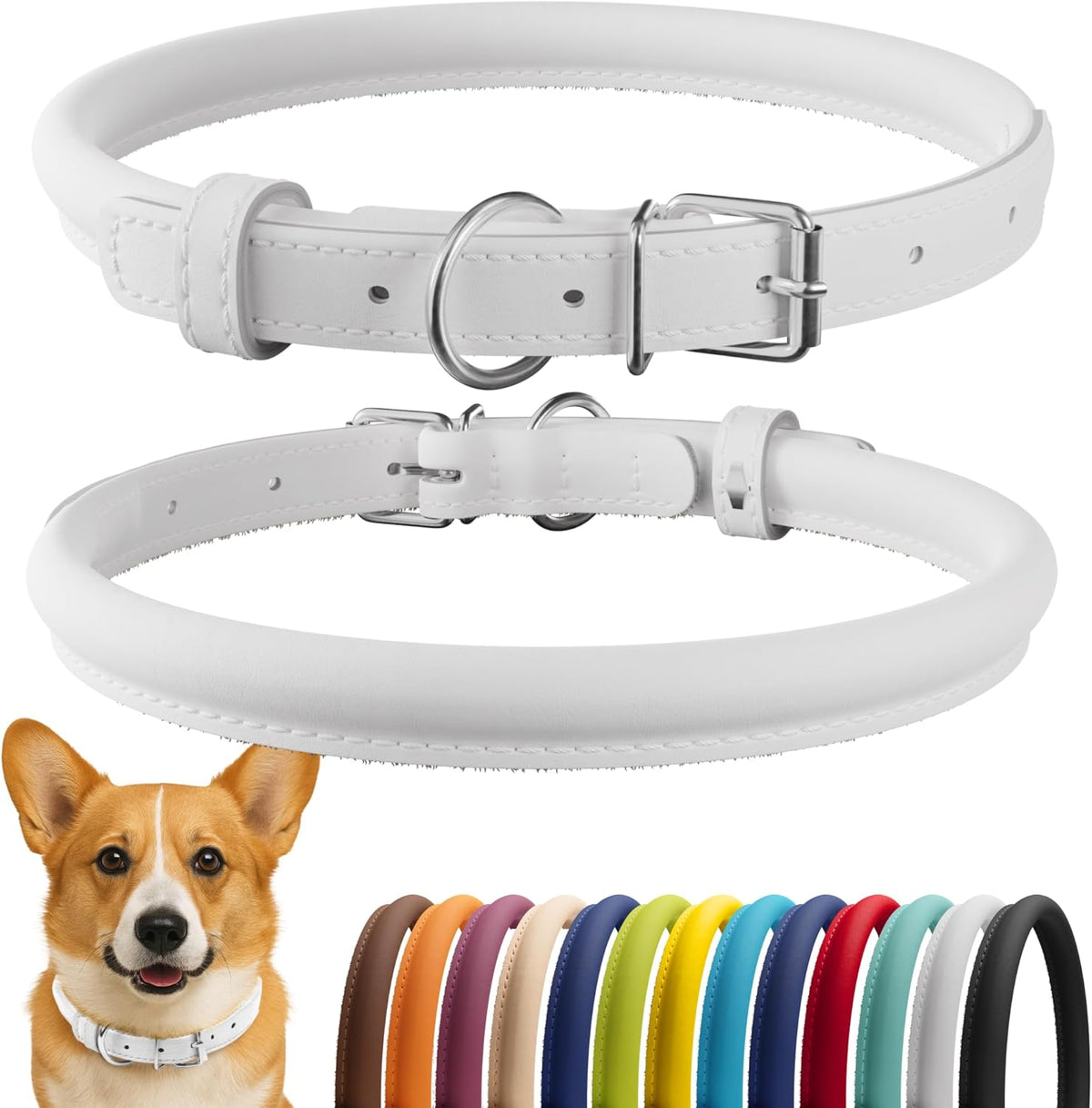 CollarDirect Rolled Leather Dog Collar, Soft Padded Round Puppy Collar, Handmade Genuine Leather