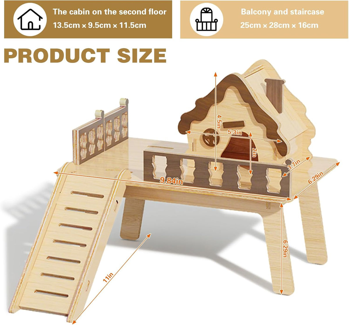 Wooden Hamster Platform and Dwarf Hamster House,Cute Syrian Hamster Tiny House Hideout,Large