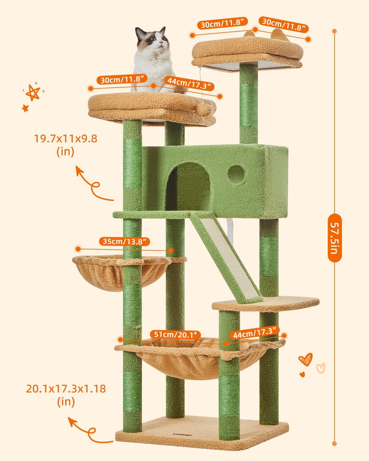 Taoqimiao Cactus Cat Tree, 57.5-Inch Cat Tower for Indoor Cats Large Adult, Extra Large Cat Condo