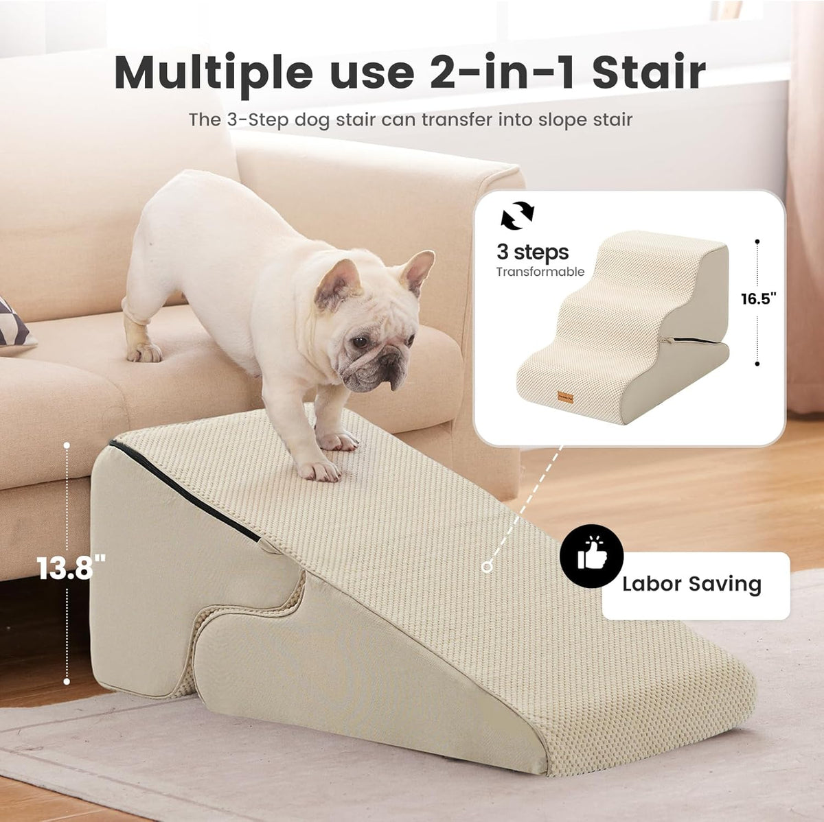 Gardner Pet Dog Stairs for Small Dogs 16.5" H, 2 in 1 Transformable 3-Step Pet Stairs and Dog Ramp