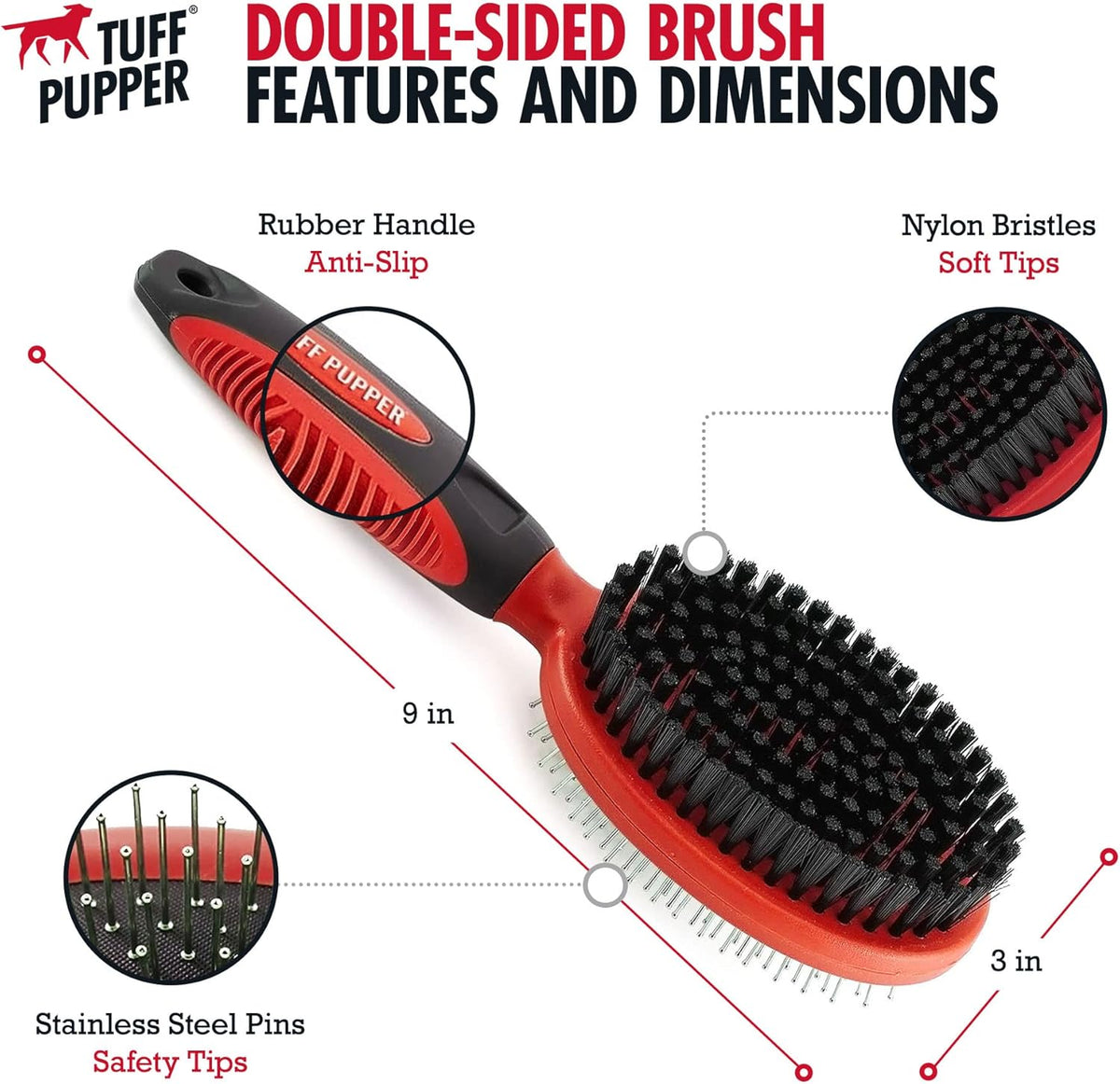 Tuff Pupper Double Sided Dog Brush, Detangling Tool for Dogs and Cats, Pin & Bristle Pet Brush, for