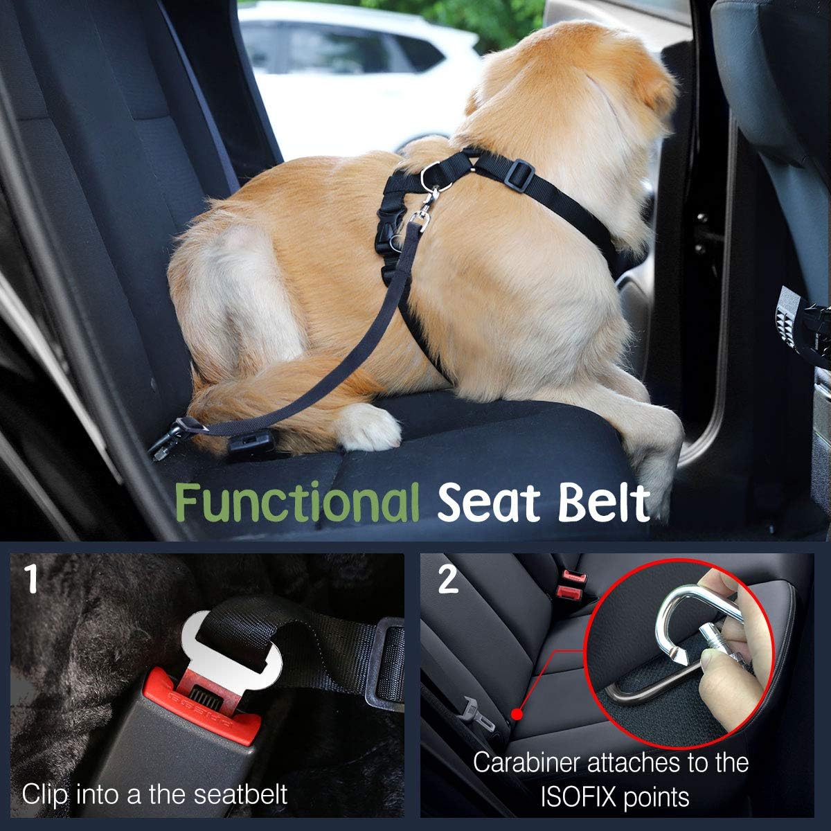 Dog Seat Belt, Safety Vest Dog Car Harness with Adjustable Buckle Dog Seat Belt for Vehicle Nylon