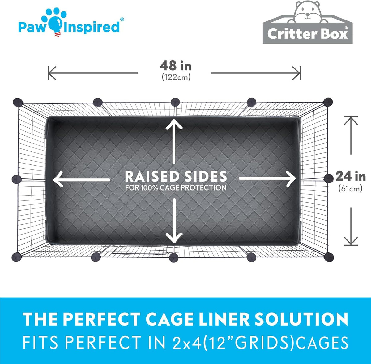 Paw Inspired Critter Box Washable Cage Liner, Reversible Fleece Bedding with Raised Sides for