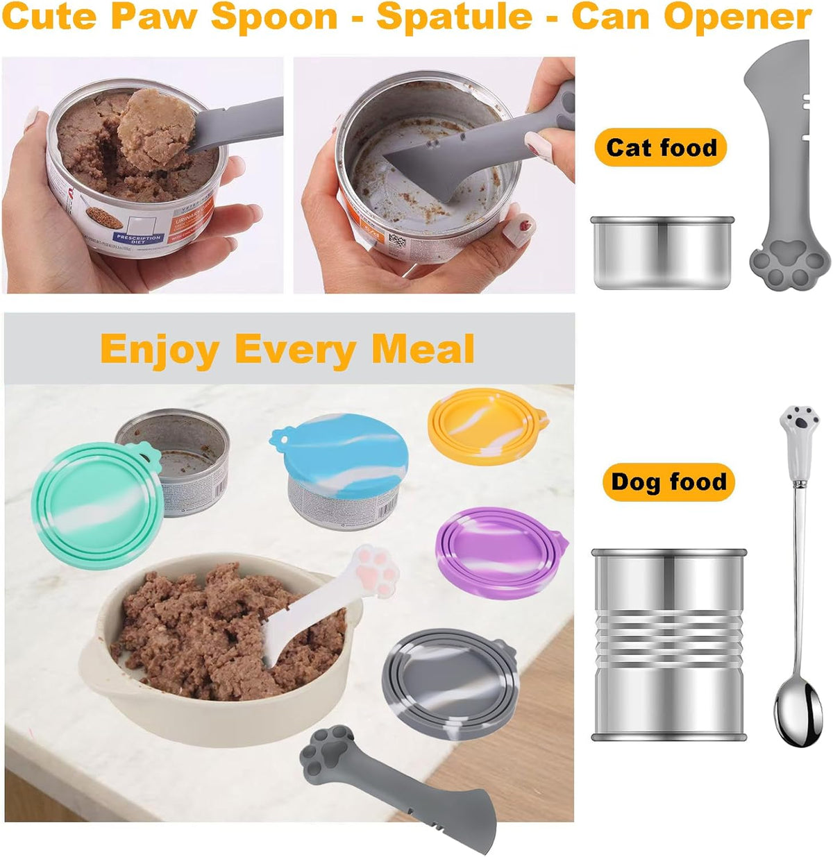 Comtim 5 PCS Pet Food Can Lids & Spoons Set - Silicone Dog Cat Food Can Covers Lids