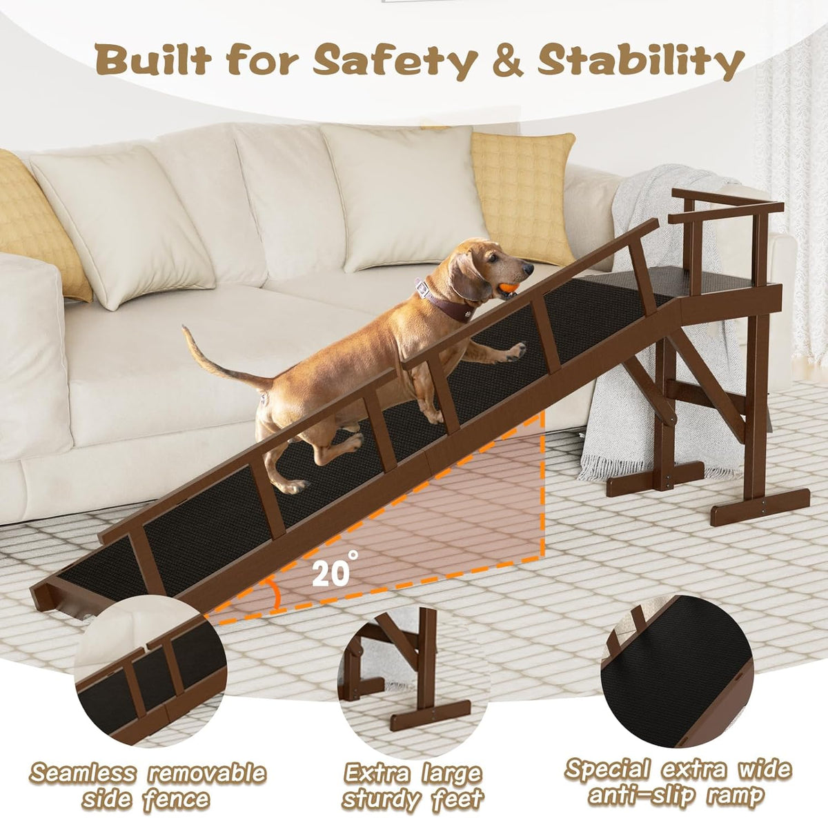 73" Dog Ramp for Bed, Pet Ramp with Removable Side Rail and Non-Slip Surface, Pet Ramp for Small &