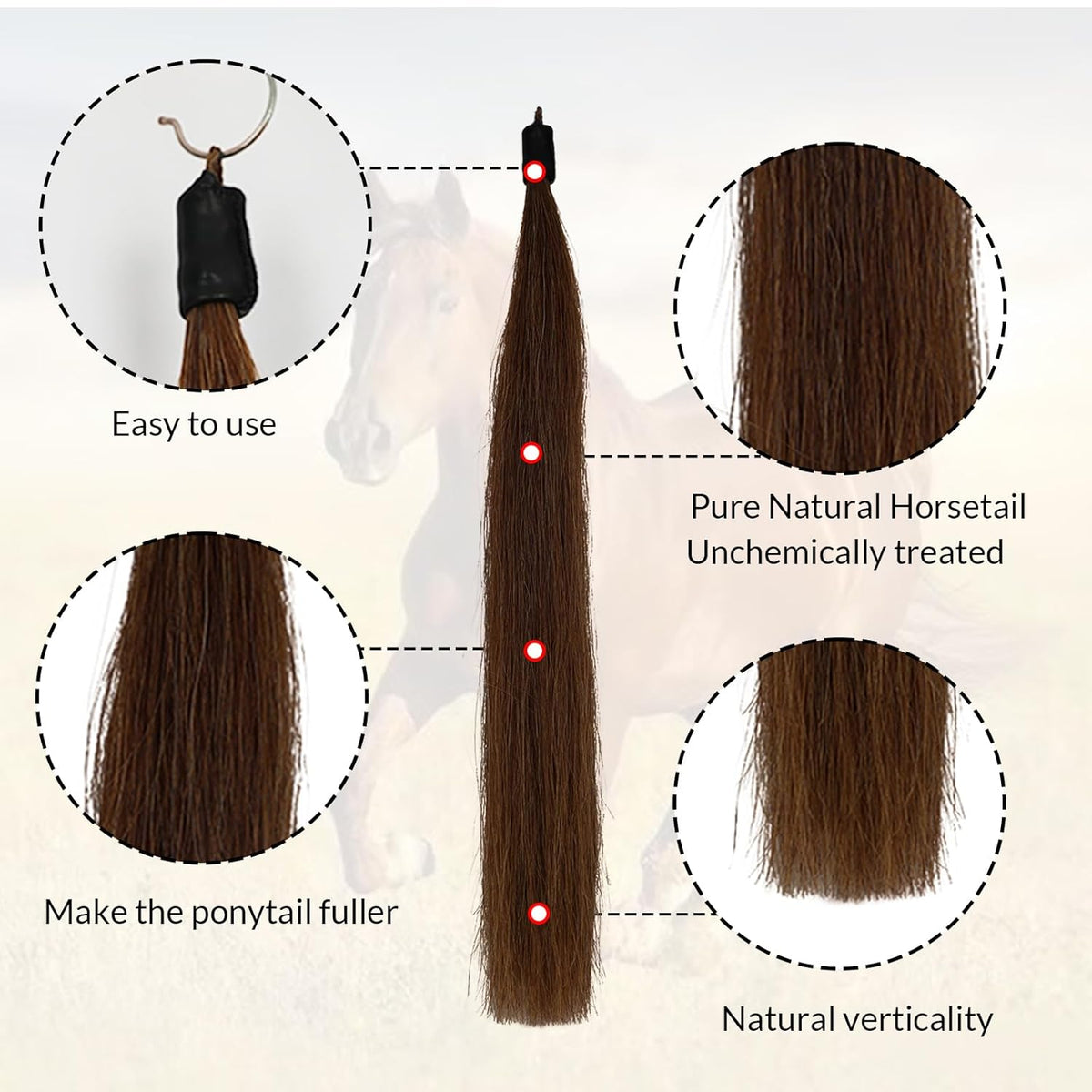 Horse Tail Extension with Braided Horsehair Loop, Blunt Cut Bottom, 3/8 lb, 28-30 inches (drak