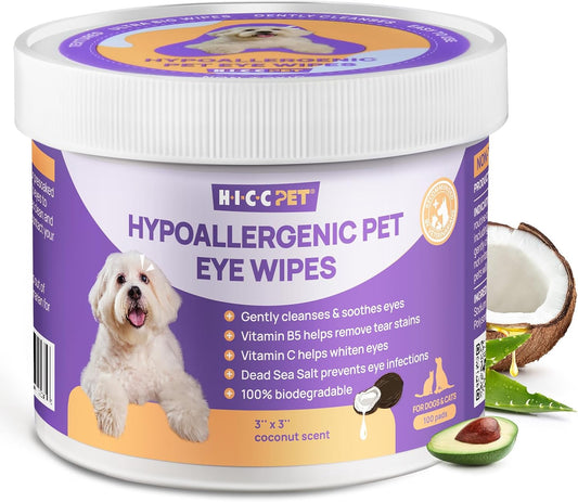 HICC PET Eyes Wipes for Dogs & Cats - Gently Remove Tear Stain, Debris, Discharge, Crust - Coconut