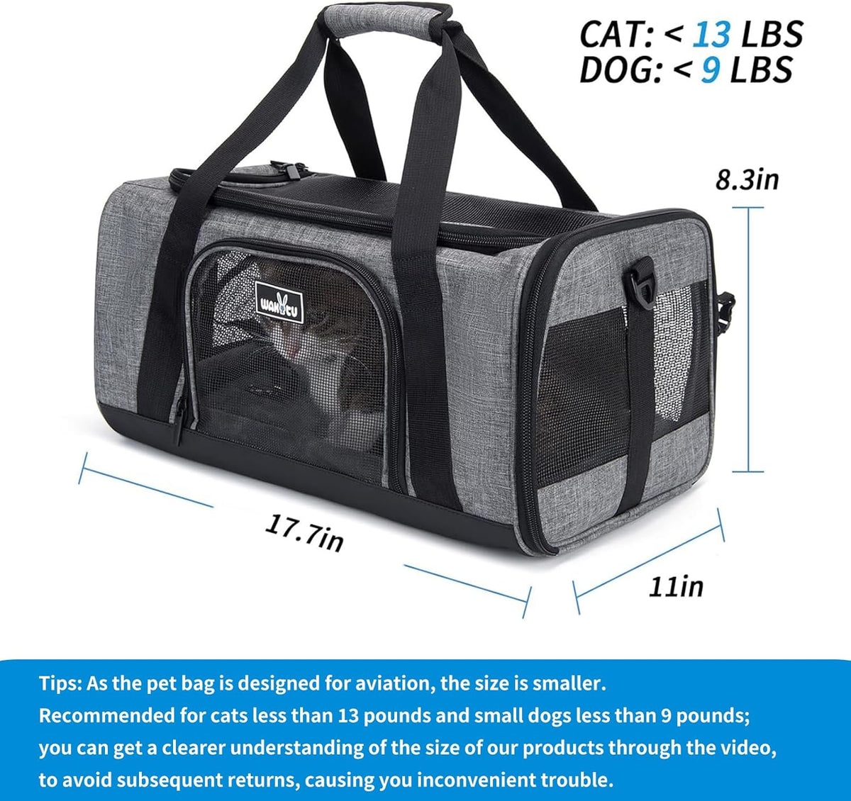 TSA Approved Pet Carrier for Small Cats Dogs, Travel Bag with Adequate Ventilation, 5 Mesh Windows