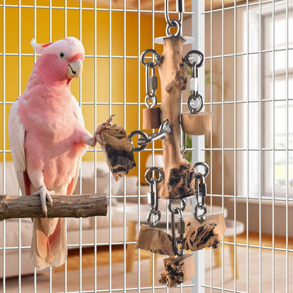 Bird Toys for Parrots, Durable Wooden Large Birds Toy with Stainless Steel, Hanging Natural Chew