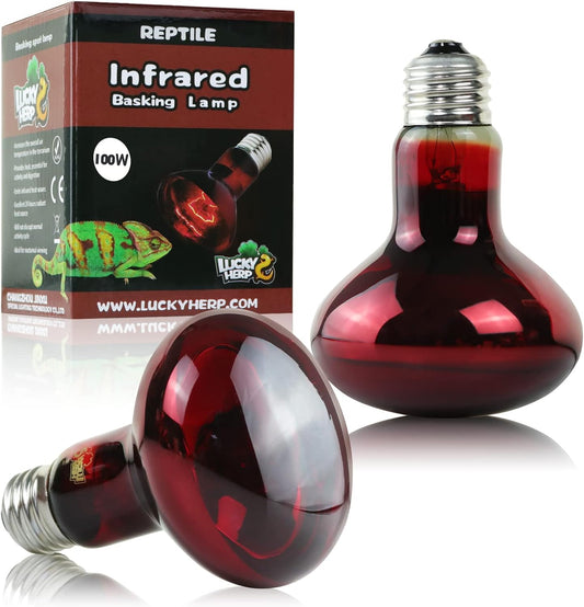 LUCKY HERP 100W Reptile Heat Lamp Bulb 2 Pack, Amphibian Infrared Basking Spot Light Bulb, Red Heat