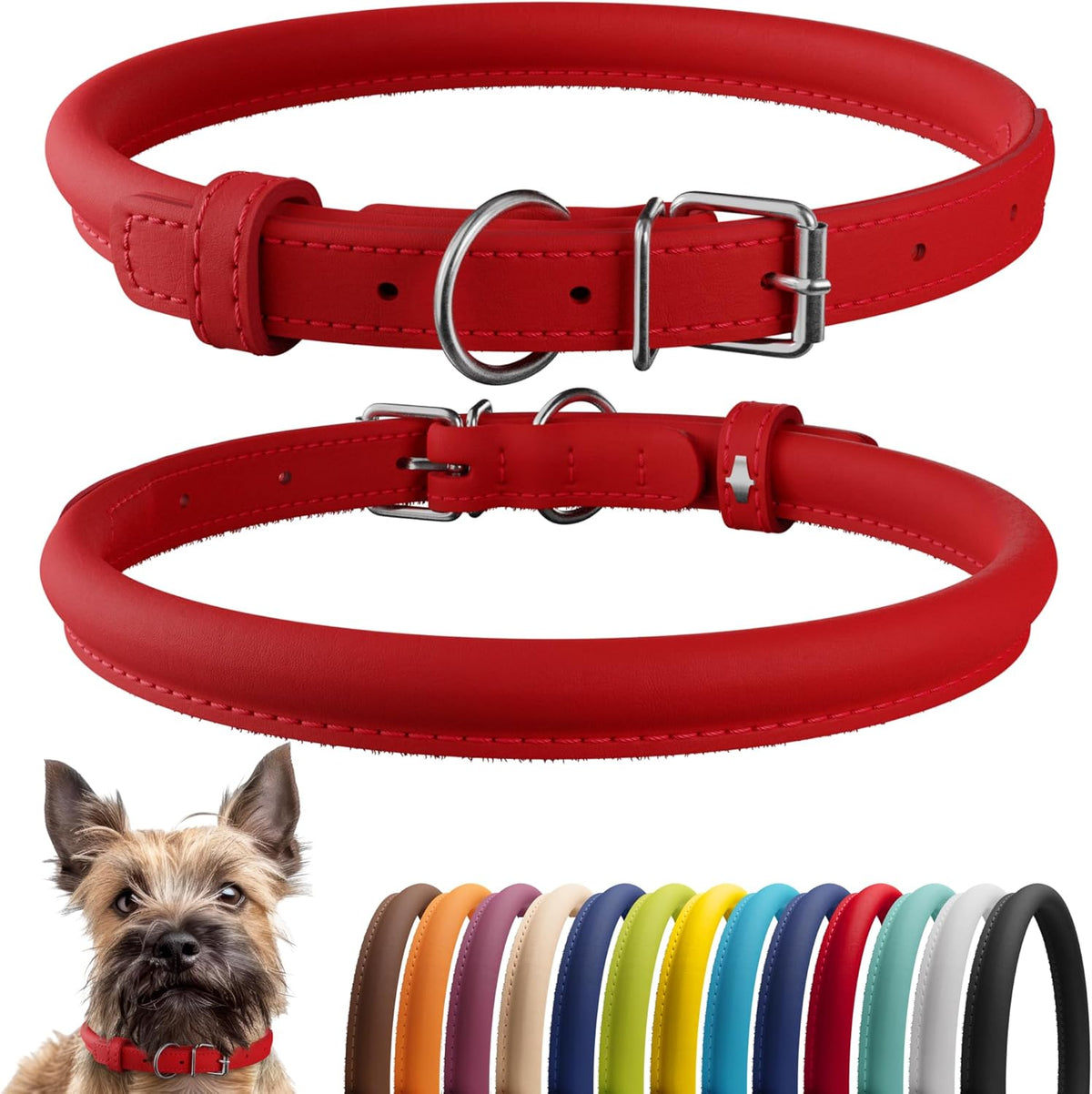CollarDirect Rolled Leather Dog Collar, Soft Padded Round Puppy Collar, Handmade Genuine Leather