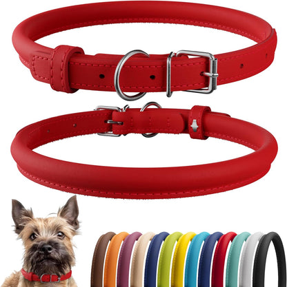 CollarDirect Rolled Leather Dog Collar, Soft Padded Round Puppy Collar, Handmade Genuine Leather