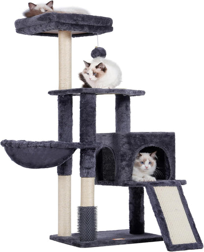 Heybly Cat Tree with Cat Self Groomer Brush, Cat Tower Condo for Indoor Cats with Padded Plush