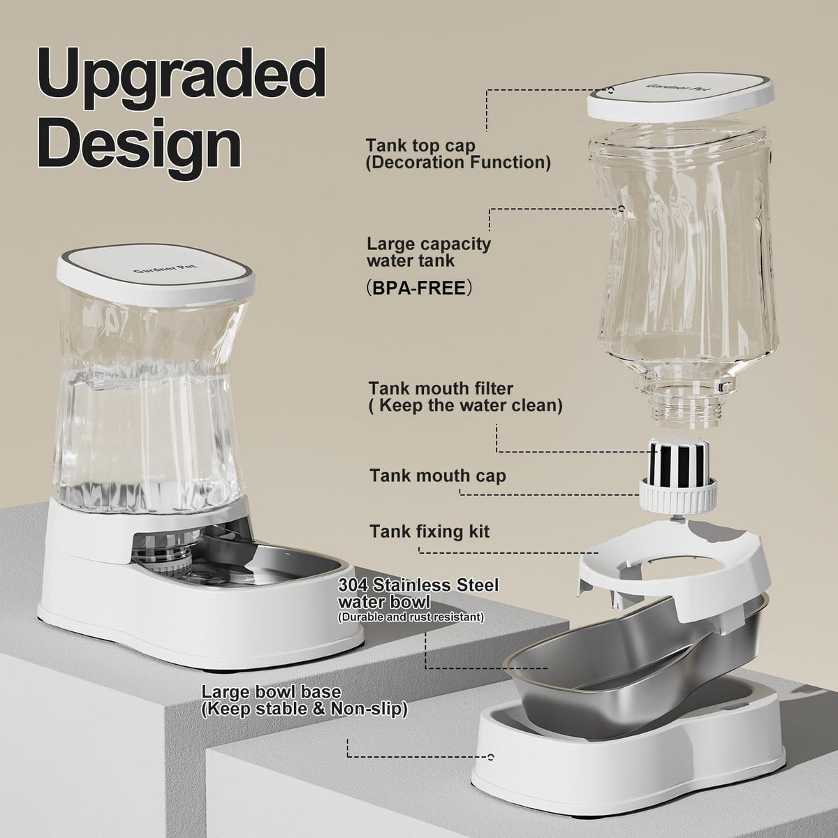 Gardner Pet Automatic Dog Water Dispenser Gravity Stainless Steel Water Waterer Feeder, 100%