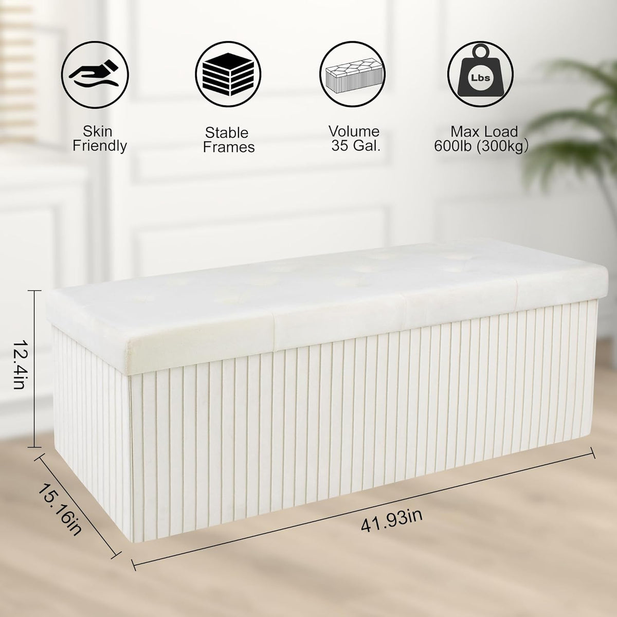 Storage Ottoman Bench, 43 Inch Foldable Ottoman with Legs, Velvet Foot Rest Stool, End of Bed