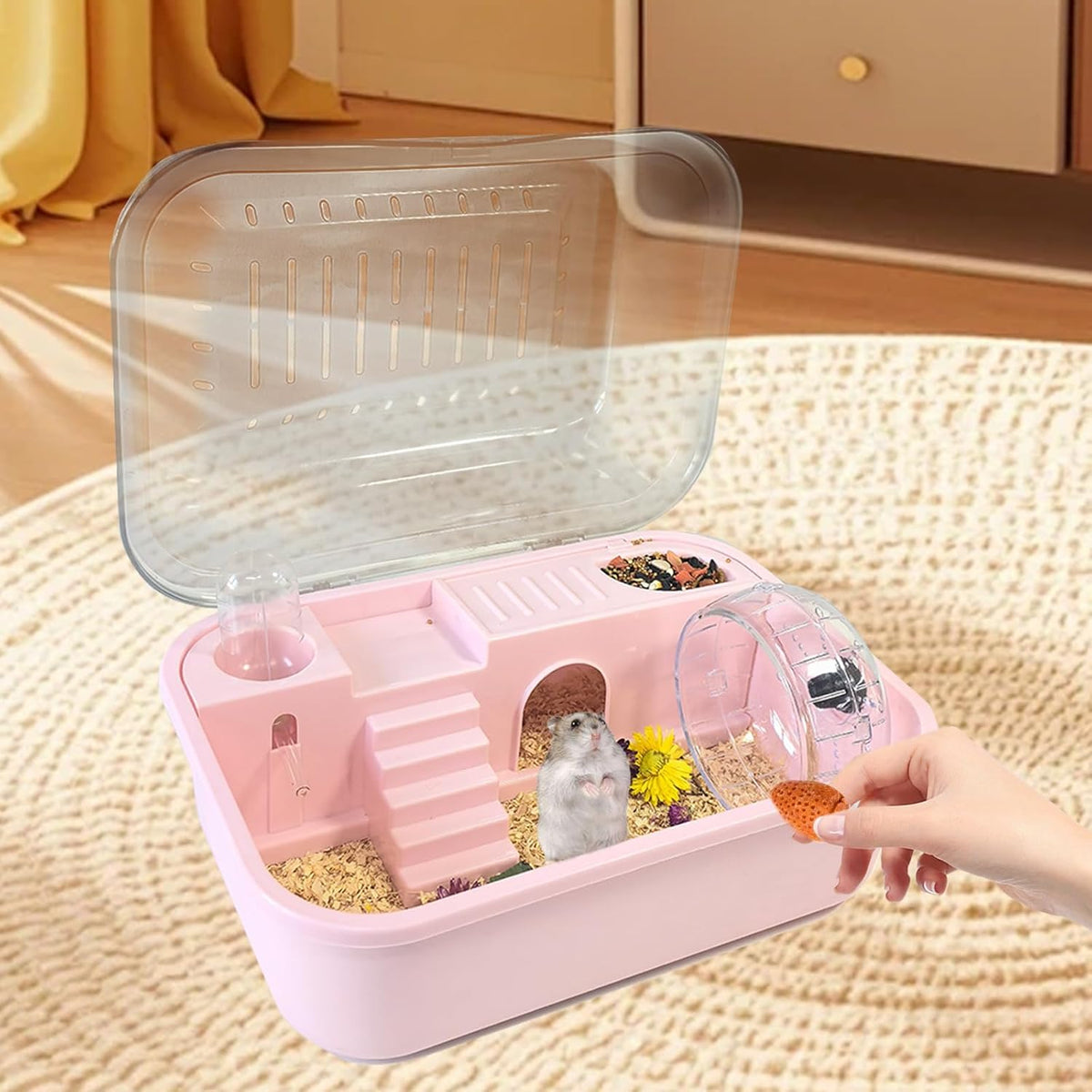 Hamiledyi Small Hamster Cage Clear Plastic Hamster Cage Portable Carrier with Water Bottle Exercise