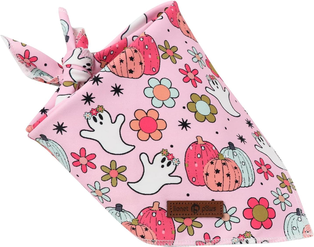 Lionet Paws Halloween Dog Bandana Washable Cotton Handkerchief Scarf Triangle Flower Ghost Pink