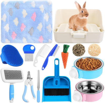 15 Pcs Rabbit Starter Kit Small Rabbit Litter Box Animal Grooming Kit Bunny Toys Bowl Blankets with