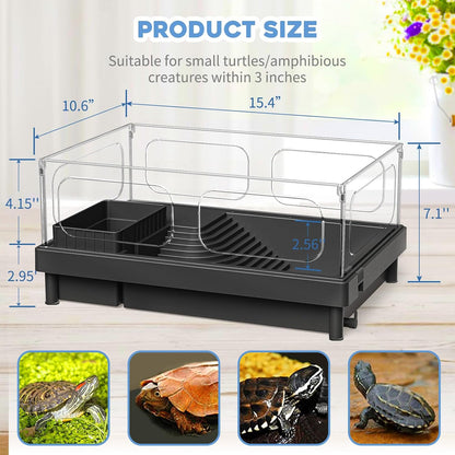 Small Turtle Tank, Aquarium, Acrylic Terrarium with Basking Platform, Bottom Drainage