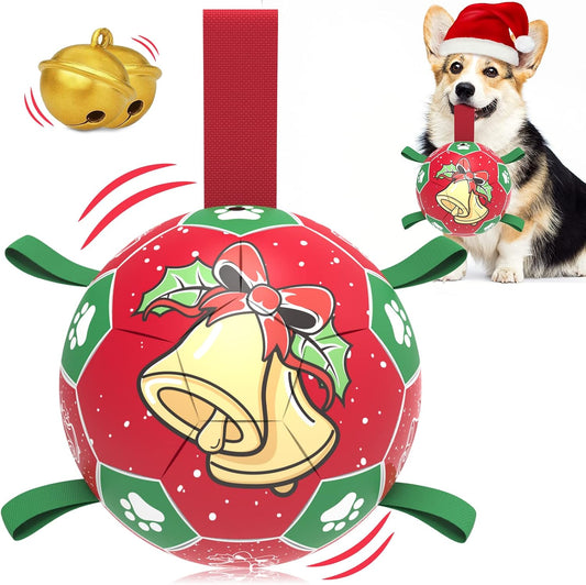 QDAN Christmas Dog Soccer Balls with Straps, Interactive Toys for Tug of War, Puppy Birthday Gifts