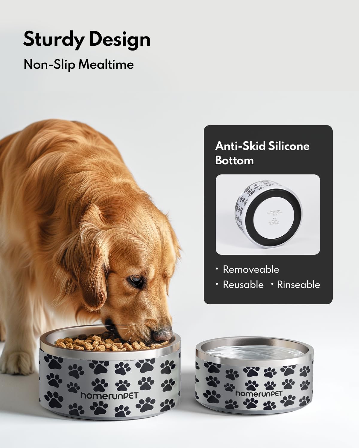 Dog Bowl, HomeRunPet Dog Food Water Bowl with Non-Slip Rubber Base, Metal Insulated Stainless Steel