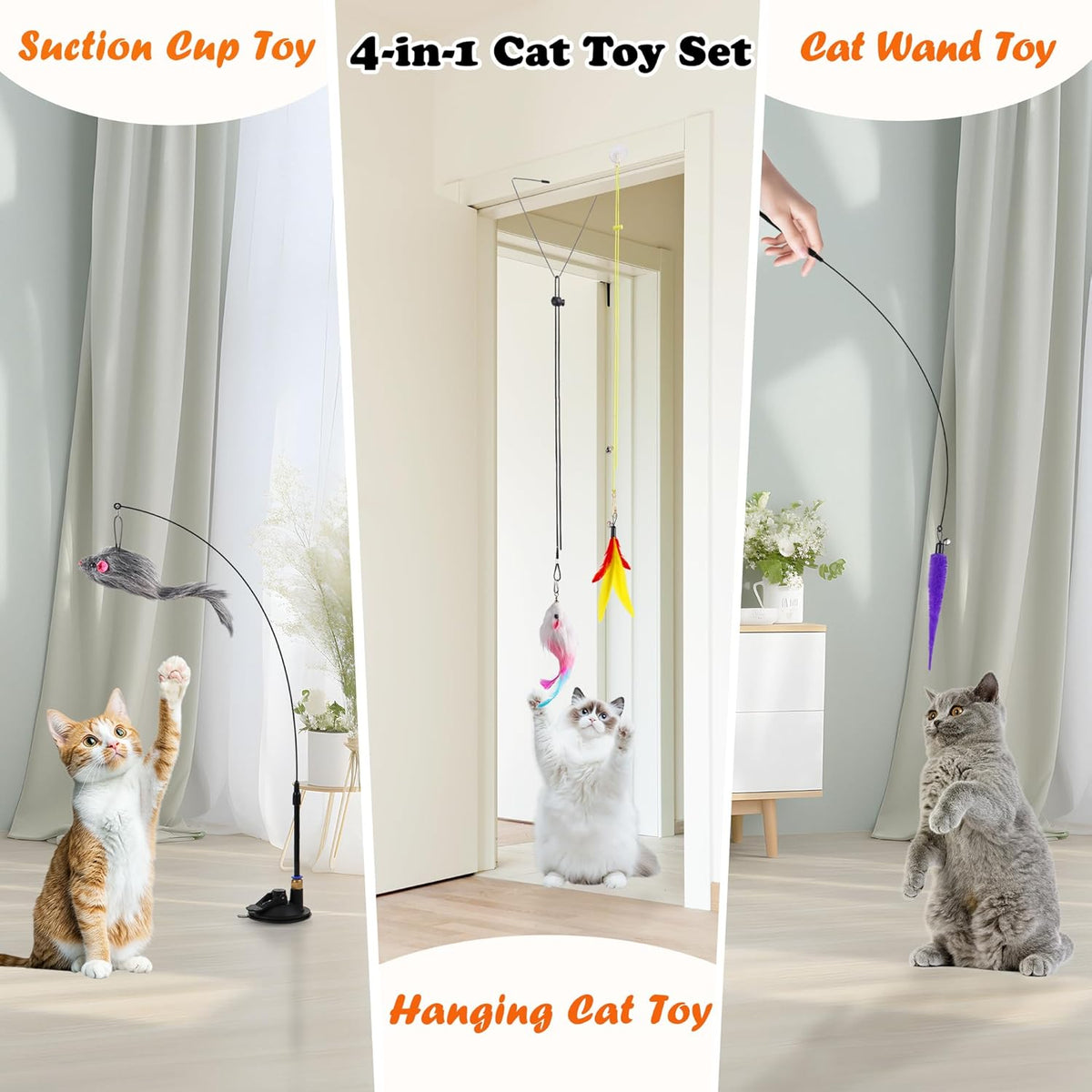 Soarer 4-in-1 Interactive Cat Feather Toys,12Pcs Durable Fishing Pole Cats Feathers Toy