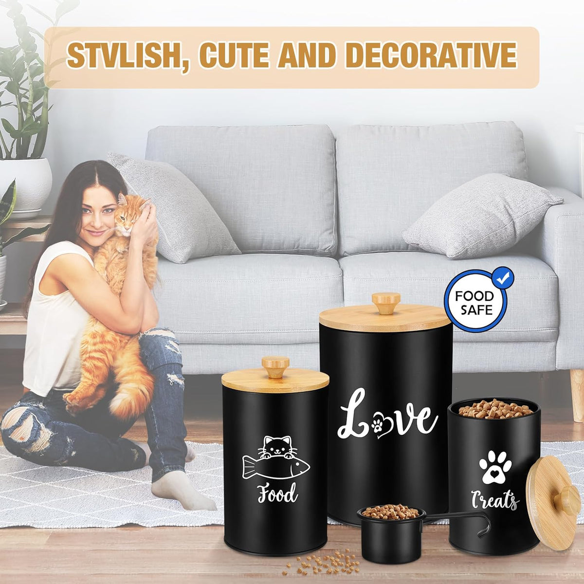Metal Airtight Cat Treat Container Set of 3 with Bamboo Lids and Spoon Cat Food Storage Container