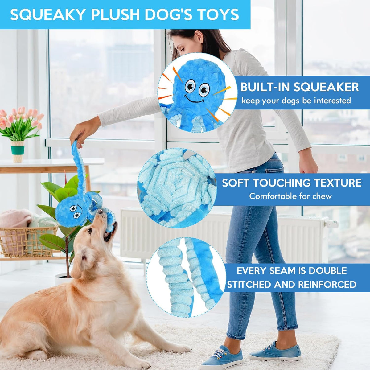 Squeaky Dog Toys Octopus Stuffed Crinkle Toy, Puppy Chew Toys for Teething, Durable Tug of War