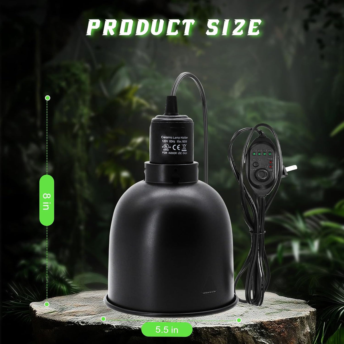 Reptile Light Fixture with Dimming Switch and Timer, 5.5 Inch Deep Dome Reptile Heat Lamp Fixture
