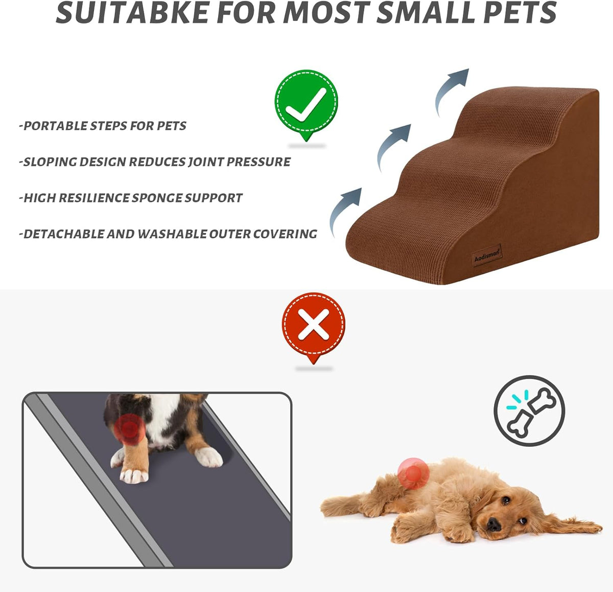 3-Step Dog Ramp and Stairs for Sofa and Chair - Non-Slip Sturdy Pet Steps for Small Dogs and