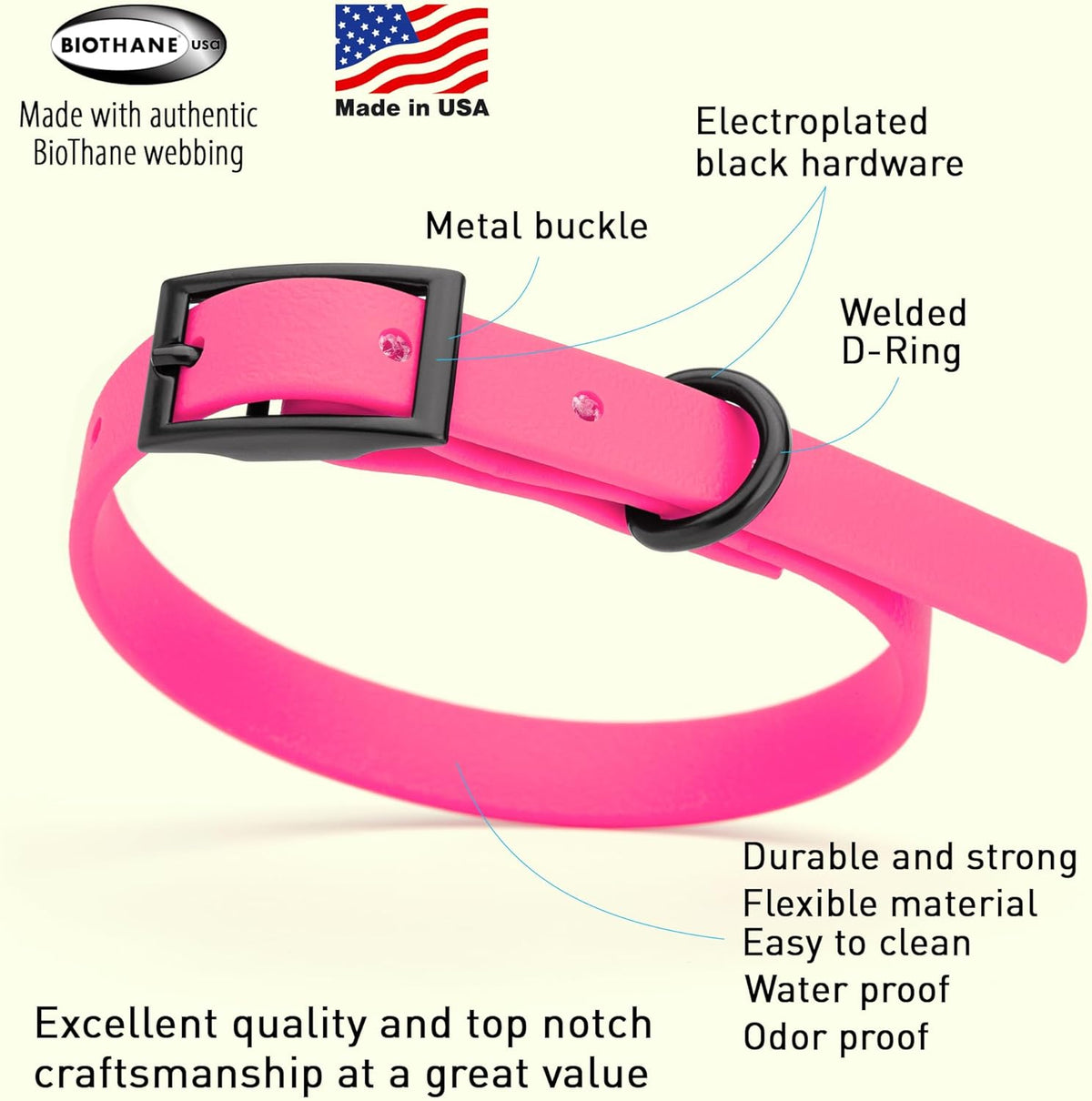 Dogline Biothane Waterproof Dog Collar Strong Coated Nylon Webbing with Black Hardware Odor- Proof