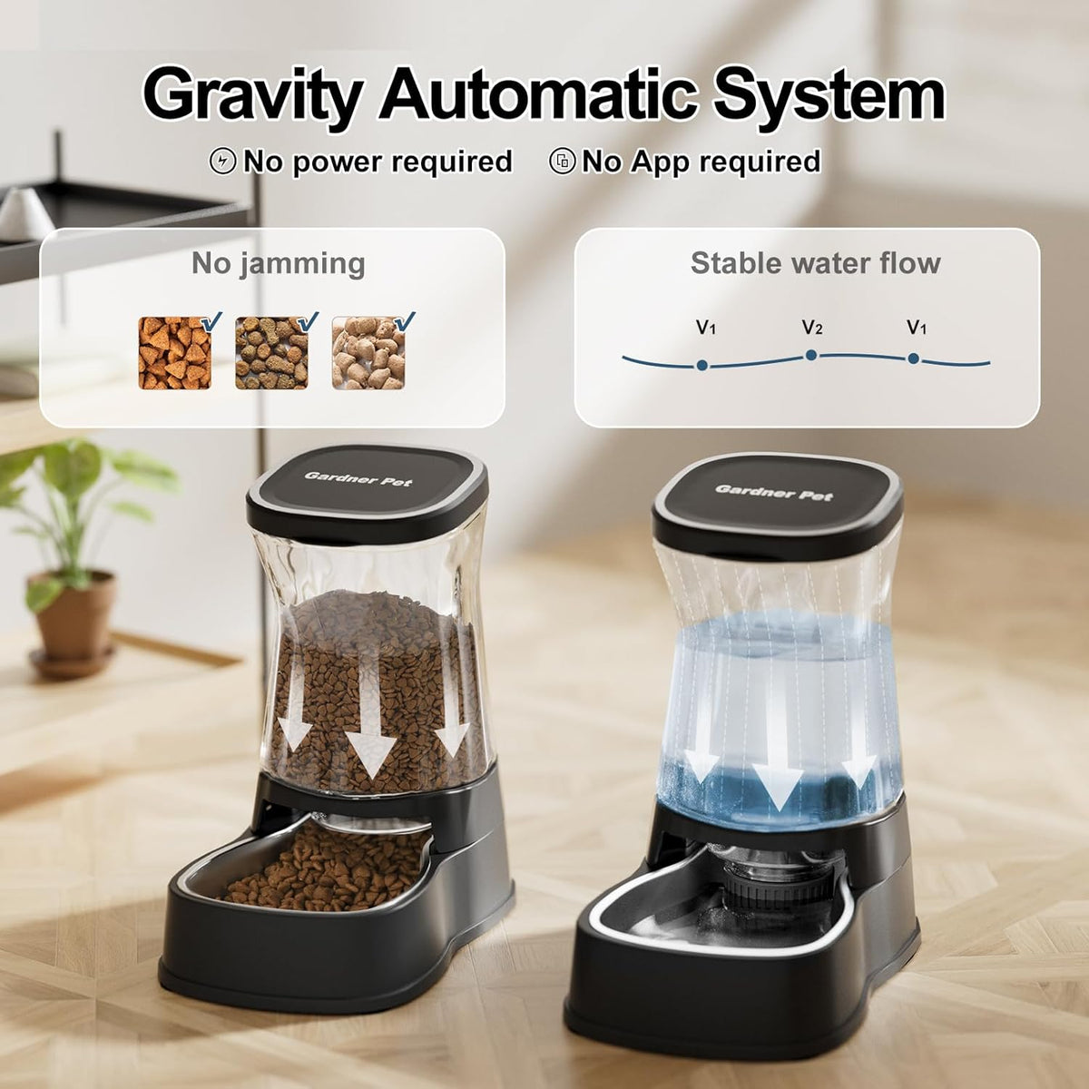 Automatic Pets Gravity Feeder and Water Dispenser Set with Stainless Steel Bowl, 1Gallon x 2 Stable