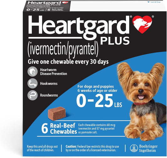 HEARTGARD® Plus (ivermectin/pyrantel) Real-Beef Chewables for Dogs up to 25 lbs (Blue Box) 6 Month