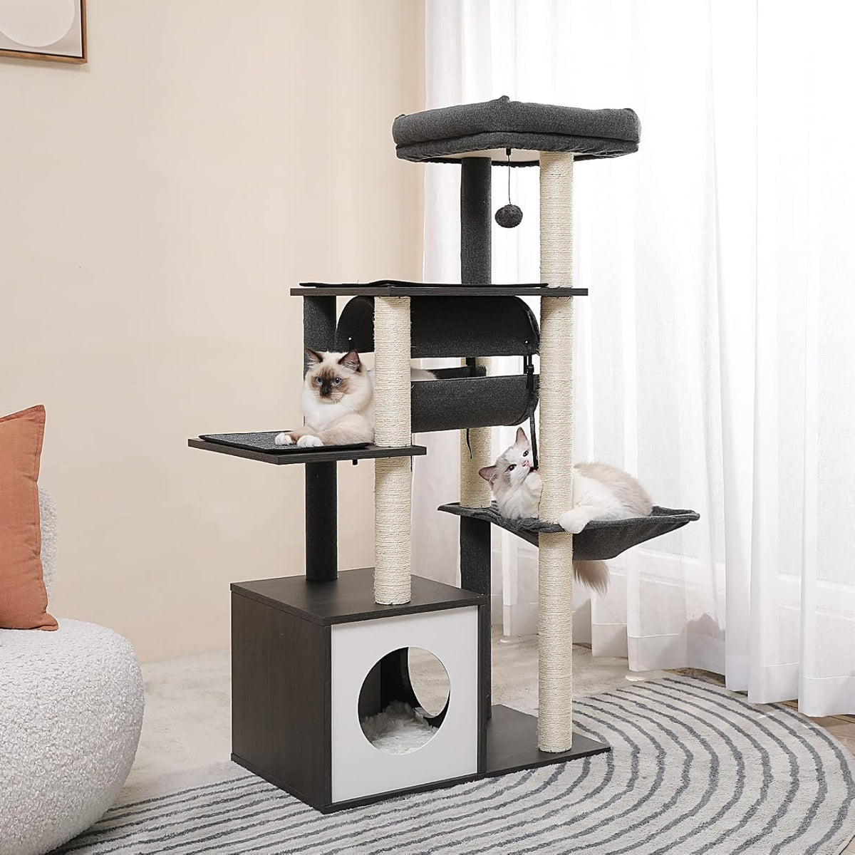 PEQULTI 51.4 Inches Modern Cat Tree Premium 6 Levels Wooden Cat Tower with Fully Sisal Covered