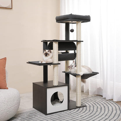 PEQULTI 51.4 Inches Modern Cat Tree Premium 6 Levels Wooden Cat Tower with Fully Sisal Covered