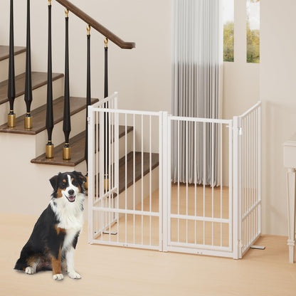 Full Metal Freestanding Dog Gate with Door, 36''Height Foldable Pet Dog Fence for Indoor & Outdoor