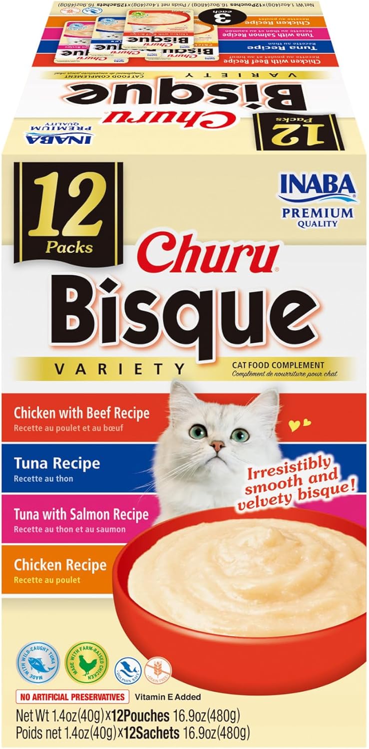 INABA Churu Bisque for Cats, Creamy Lickable Purée Side Dish with Vitamin E, 1.4 Ounces per Pouch