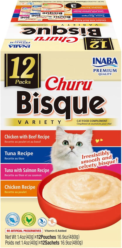 INABA Churu Bisque for Cats, Creamy Lickable Purée Side Dish with Vitamin E, 1.4 Ounces per Pouch