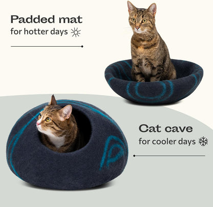 MEOWFIA Cat Cave – Premium Felt Cat Bed for Indoor Cats, Handmade 100% Merino Wool (Large, Black